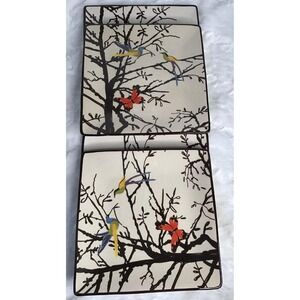 Dinner Plates 9 1/4" Ceramic Square Roscher (4) Birds Butterfly‎ Trees Whimsical